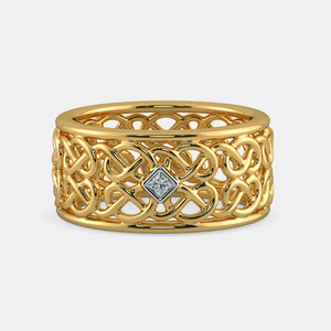 แหวนเพชรทรงปรินเซสคัทหรูหรา ประดับลายฉลุ วงกว้าง ทองคำ 14K สีเหลือง - Product Image 3
