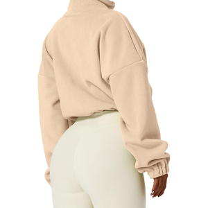 Sudadera corta de forro polar beige para mujer, cuello alto, hombros caídos, manga larga, estilo oversize, para otoño, color liso, con cremallera frontal, OEM - Product Image 4