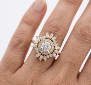 Vintage Art Deco Sunburst Lab Grown <b>Diamond</b> Engagement <b>Ring</b> Solid 14K Gold Double Halo Floral Design Elegant Jewelry For Women - Product Image 3