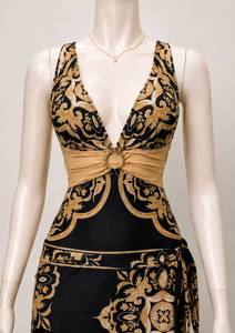 TR-SW-015 Premium Black & Gold Baroque Print One-Piece Women's <b>Swimsuit</b> with Elegant Ring Detail & Matching <b>Wrap</b> Skirt - Product Image 4