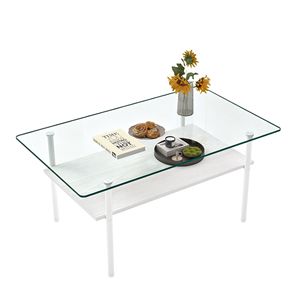 Tavolino da Caffè Moderno Rettangolare in Vetro con Piano in Vetro Temperato e Ripiano in Legno, 38,6 Pollici, Tavolo Centrale Minimalista per Soggiorno - Product Image 5