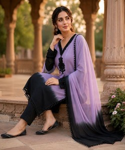 <b>Women</b> Traditional Purple Black Ombre <b>Kurta</b> Set Viscose Ethnic Wear India Pakistan Casual 86553 SHIVAM- PADMA - Product Image 1