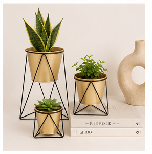 Modern Gold Metal Planter Set of 3 with Triangular Black Stands Tiered Luxury Indoor Flower <b>Pots</b> for Home Iron Plant <b>Holder</b> - Product Image 2