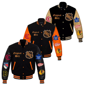 Chaqueta Varsity Negra Personalizada de Lana para Hombre, Chaqueta Bomber con Mangas de Cuero Negro y Múltiples Parches, Uniforme de Béisbol Letterman al por Mayor - Product Image 1