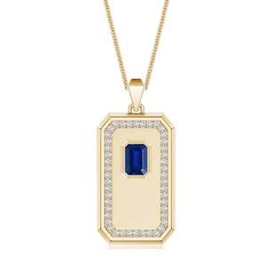 Pendentif octogonal allongé pour homme en or pur 18 carats avec saphir bleu taille émeraude et halo de diamants, avec chaîne, bijoux fins faits à la main - Product Image 1