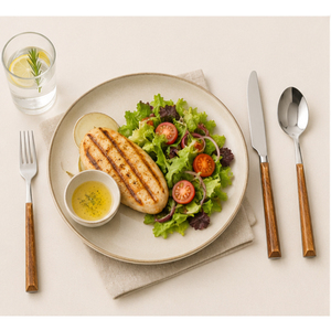 Ensemble de couverts modernes en acier inoxydable de qualité supérieure, respectueux de l'environnement, avec manches en bois naturel imitation, finition miroir élégante, logo personnalisé - Product Image 6