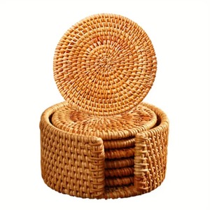Round Rattan <b>Coaster</b> in Case Set Dining Table Mat <b>Heat</b> Resistant Holder Hand Woven Jute Flax - Product Image 1