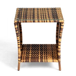 Tavolino Moderno con Gradiente Giallo, Struttura in Ferro e Rattan, Superficie in Vetro per Soggiorno, Hotel o Appartamento - Product Image 1