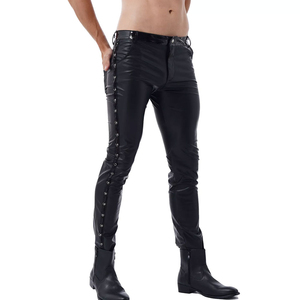 Pantalones de Cuero PU Negros para Hombre, Cintura Alta, Corte Recto, con Cordones Laterales, Estilo Gótico, para Invierno - Product Image 2