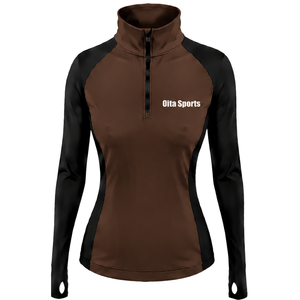 Women Dark <b>Brown</b> Black Quarter Zip <b>Long</b> <b>Sleeve</b> Athletic Training <b>Top</b> Thumbhole Slim Fit Running Fitness Performance Sportswear - Product Image 1