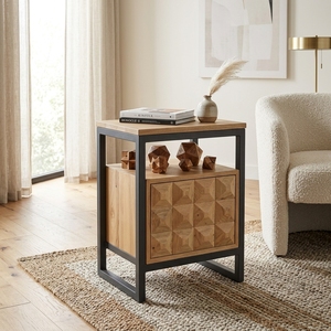 Dice <b>Side</b> Table Modern Industrial Solid Wood Nightstand With 3D Geometric Carved Drawers And <b>Black</b> Metal Frame Bedside Furniture - Product Image 4