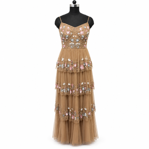 Robe de soirée florale à sequins champagne |   Robe de soirée formelle à col en V, bretelles spaghetti, en tulle superposé, coupe trapèze, longueur au sol, pour mariages - Product Image 1