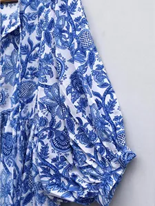 Premium Blue Cotton Floral Block Print Midi <b>Dress</b> With Puff Sleeve <b>Loose</b> Fit V-Neck Casual Summer <b>Dress</b> - Product Image 3