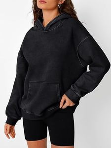 Sweat-shirt à capuche noir surdimensionné à manches longues, couleur unie, en coton French Terry, avec poche, unisexe, pour l'automne - Product Image 5