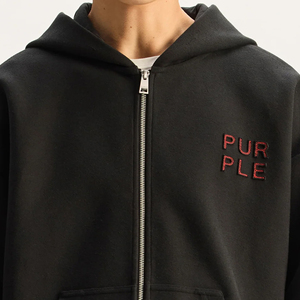 Vente en gros de sweats à capuche de marque de haute qualité, à fermeture éclair, coupe oversize, avec poche kangourou, appliqué intégré et surpiqûres contrastées, couleur violet - Product Image 5