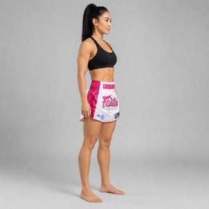 Shorts de Muay Thai Fairtex Rose en Tissu Satin Premium avec Logo Brodé pour Femmes, Ceinture Élastique à 6 Bandes Extensible pour Kickboxing - Product Image 5