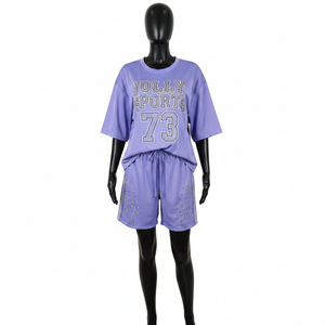 Ensemble short en jersey mesh pour femme, respirant, en polyester, avec logo thermocollé et strass, 100 % coton - Product Image 1