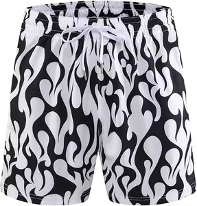 Men's Black White Flame Print Swim Shorts Quick Dry Drawstring Closure Summer Regular Fit Adult Polyester - Product Image 1