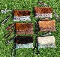 Dompet tangan kulit sapi asli, dompet kantong coklat ukiran Tooled Patch Barat rambut pada kulit bulu