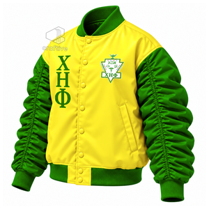 Chaqueta universitaria de mujer Chi Eta Phi Sorority con bloques de color, letras griegas, botones frontales y mangas abullonadas fruncidas, estilo bomber. - Product Image 2