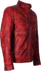 Blouson de moto en cuir rouge pour homme, col montant, fermeture éclair, couleur unie, logo avant, séchage rapide, respirant - Product Image 2