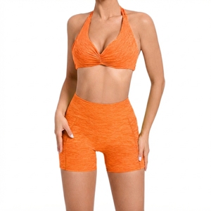 Women's Casual Activewear Set Halter Neck <b>Crop</b> <b>Top</b> High Waist Shorts For Workout Gym And Fitness - Product Image 6