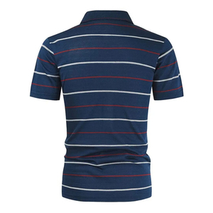 Polo de Punto a Rayas de Manga Corta para Hombre, Calidad Premium, Corte Regular Informal, Azul Marino con Rayas Blancas y Rojas - Product Image 6