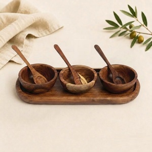 Handcrafted Eco-Friendly Acacia Wood Condiment Bowl Set with 3 Spoons & Serving <b>Tray</b> Sustainable <b>Spice</b> Jars for Modern Kitchen - Product Image 1