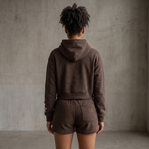 Twin City <b>Women's</b> 2 Piece Hoodie and <b>Shorts</b> Set Brown Cotton Patchwork Casual Outfit Above <b>Knee</b> <b>Length</b> Regular Fit - Product Image 2