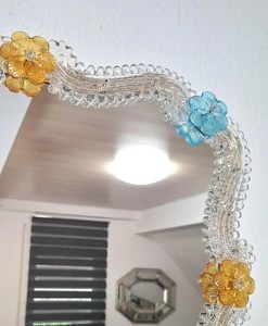 Handmade Murano Style <b>Mirror</b>, Blue Aqua Amber Floral Glass, Italian Vanity Wall Décor - Product Image 3