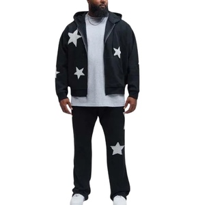 Survêtement en molleton 100% coton deux pièces avec appliqué, fermeture éclair, broderie, coupe évasée, streetwear, surdimensionné, effet délavé à l'acide - Product Image 1