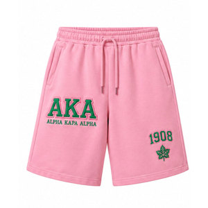 Alpha Kapa Alpha <b>Pink</b> Cotton <b>Shorts</b> With Green Trim And Logo Front Print Mid Waist Drawstring Casual Style - Product Image 5