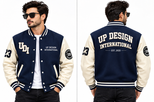 Veste universitaire personnalisée bleu marine et crème, veste de baseball en laine premium avec logo brodé, vêtements streetwear OEM - Product Image 4