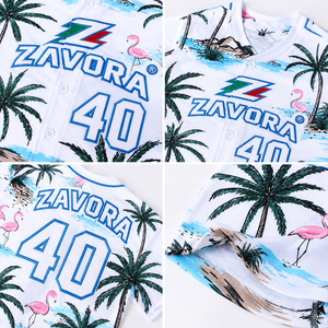 เสื้อเบสบอลแบบกำหนดเอง ลายพิมพ์นกฟลามิงโกและต้นปาล์ม ชุดยูนิฟอร์มทีม ติดกระดุมด้านหน้า ปักอักษรตามสั่ง เสื้อผ้าสตรีทแวร์ ขายส่ง ผู้ผลิต OEM - Product Image 4