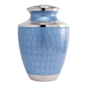 Urna azul cielo con patrones de escamas texturizados únicos y detalles plateados. Belleza Serena disponible a precios de mayorista. - Product Image 1