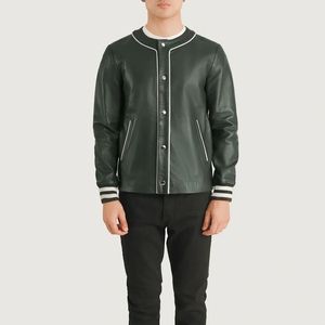 <b>Men's</b> PU <b>Leather</b> Varsity <b>Jacket</b> Stand Collar Button Closure Regular Fit Autumn Wear Solid Color Casual Style - Product Image 5