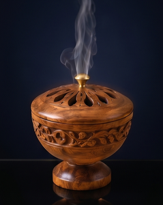 Porte-encens artisanal en bois de manguier, dôme sculpté floral, diffuseur d'aromathérapie, cadeau - Product Image 4