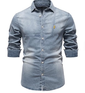 <b>Men's</b> Slim Fit Denim Shirt Long Sleeve Solid Color Cotton Casual Turn-down Collar With Pockets Stonewash Finish - Product Image 3