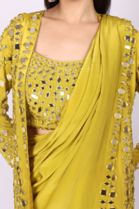 Luxury Designer Crepe Saree with <b>Jacket</b> with Mirror wok at full body and <b>jacket</b> with saree border For Every Occasion - Product Image 5