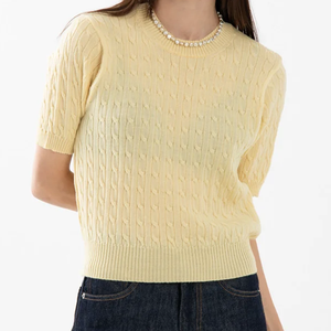 Pull en tricot torsadé pour femme, manches trois quarts, col rond, couleur unie, 100% acrylique, décontracté, automne, coupe régulière - Product Image 2