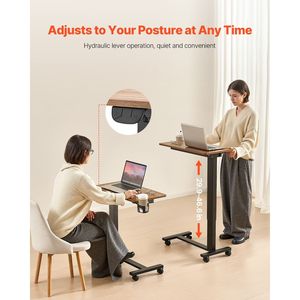 Electric Lift Overbed Table with 4 Wheels Mobile Bed Side Laptop <b>Desk</b> Cup Holder Computer <b>Desks</b> Upgrade Button - Product Image 2