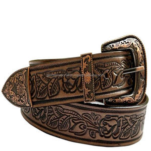 2026 Trending Unisex Western High Quality <b>Leather</b> Tooling <b>Belt</b> Handmade Floral Embossed Custom Length Designer buckle set - Product Image 5