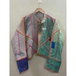 Veste Kantha Premium à Col Mandarin et Patchwork, Manches Chauve-Souris, en Coton Non Tissé Écologique à Séchage Rapide, pour Femme, Collection Automne - Product Image 3