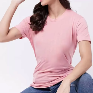 Camiseta de algodón 100% para mujer, cuello redondo, transpirable, manga corta, informal, a la moda, lisa, para primavera y verano. - Product Image 4