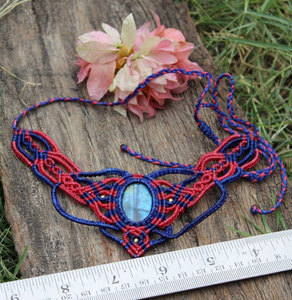 Labradorite Macrame <b>Necklace</b> Red Blue Thread Oval Gem Boho Handmade <b>Statement</b> Jewelry for Women - Product Image 2