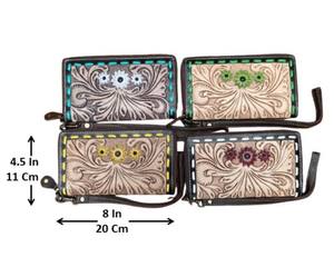 Portefeuille en cuir usiné à la main pour femmes Buck Stitch Western Floral portefeuille en cuir sculpté à la main en peau de vache Boho portefeuille à bracelet - Product Image 2