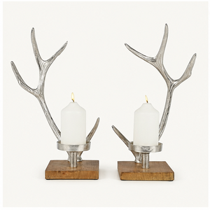 Luxury Handmade Aluminum Antler Pillar Candle Holder Set With Mango Wood Base Modern Rustic <b>Silver</b> Metal <b>Candlestick</b> Stand - Product Image 1