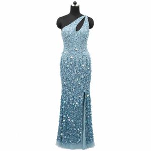 Asymmetrical <b>Sequin</b> Evening Dress One-Shoulder Keyhole Fitted Sheath | Blue Floor Length Side Slit Embellished Formal Party Gown - Product Image 1