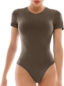 Combinaison moulante à manches courtes et col rond pour femme, couleur unie, extensible, vêtements de sport, coupe ajustée, toutes saisons, tricot en spandex et nylon - Product Image 3