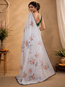 Sari élégant noir à imprimé floral en polyester pour femme, coupe classique, longueur ras du sol, extensible, style Inde Pakistan, idéal pour les fêtes - Product Image 3